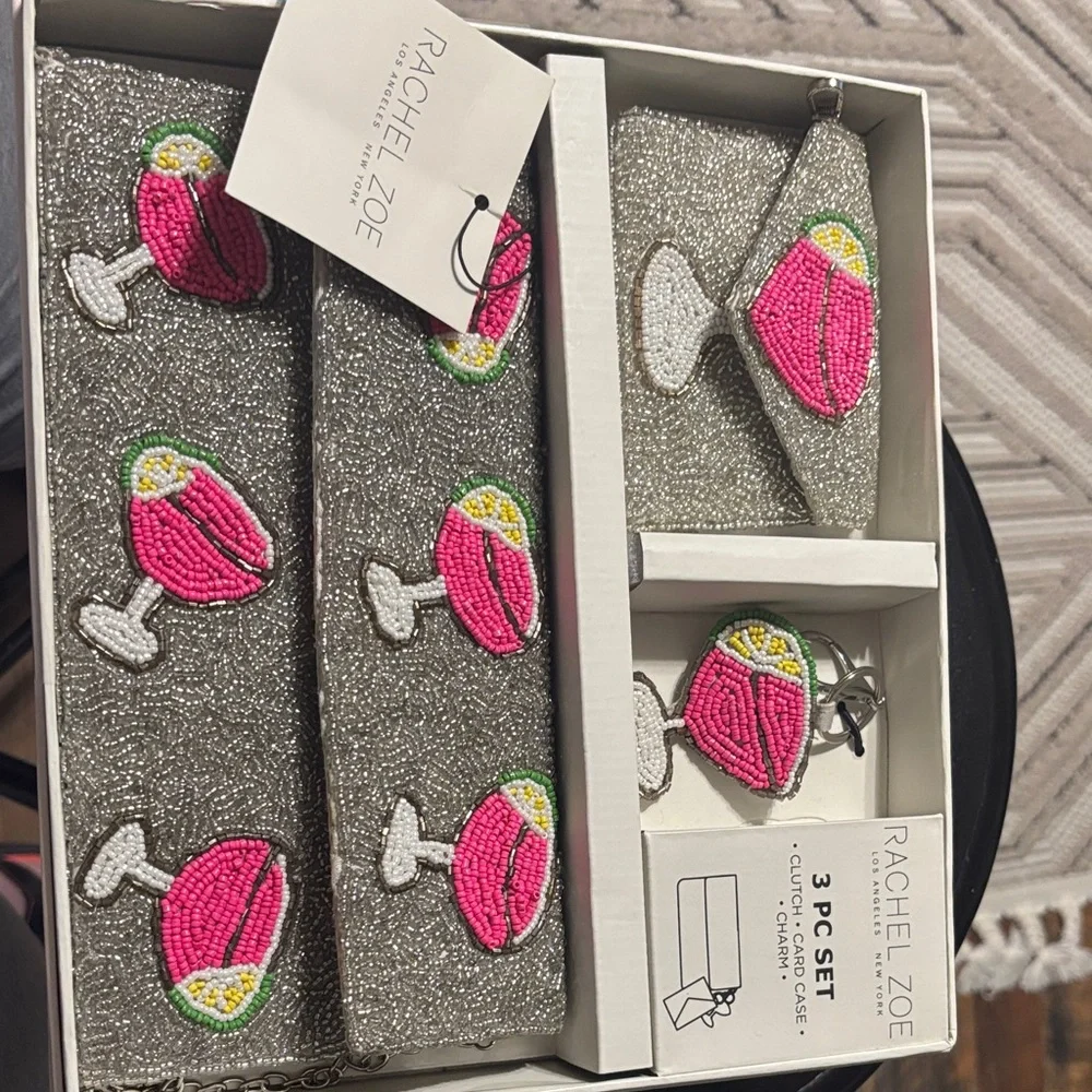 Summer‎ Colors Rachel Zoe Beaded Silver Clutch and Wristlet Set Pink Yellow